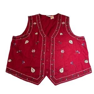 Bobbie Brooks Womens Plus 22W/24W Vest Red Embroidered Floral Cottagecore Granny
